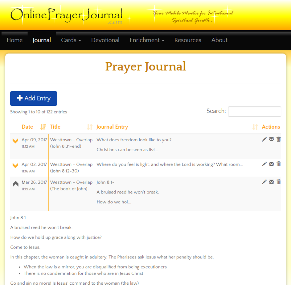 OnlinePrayerJournal.com Prayer Journal Screenshot