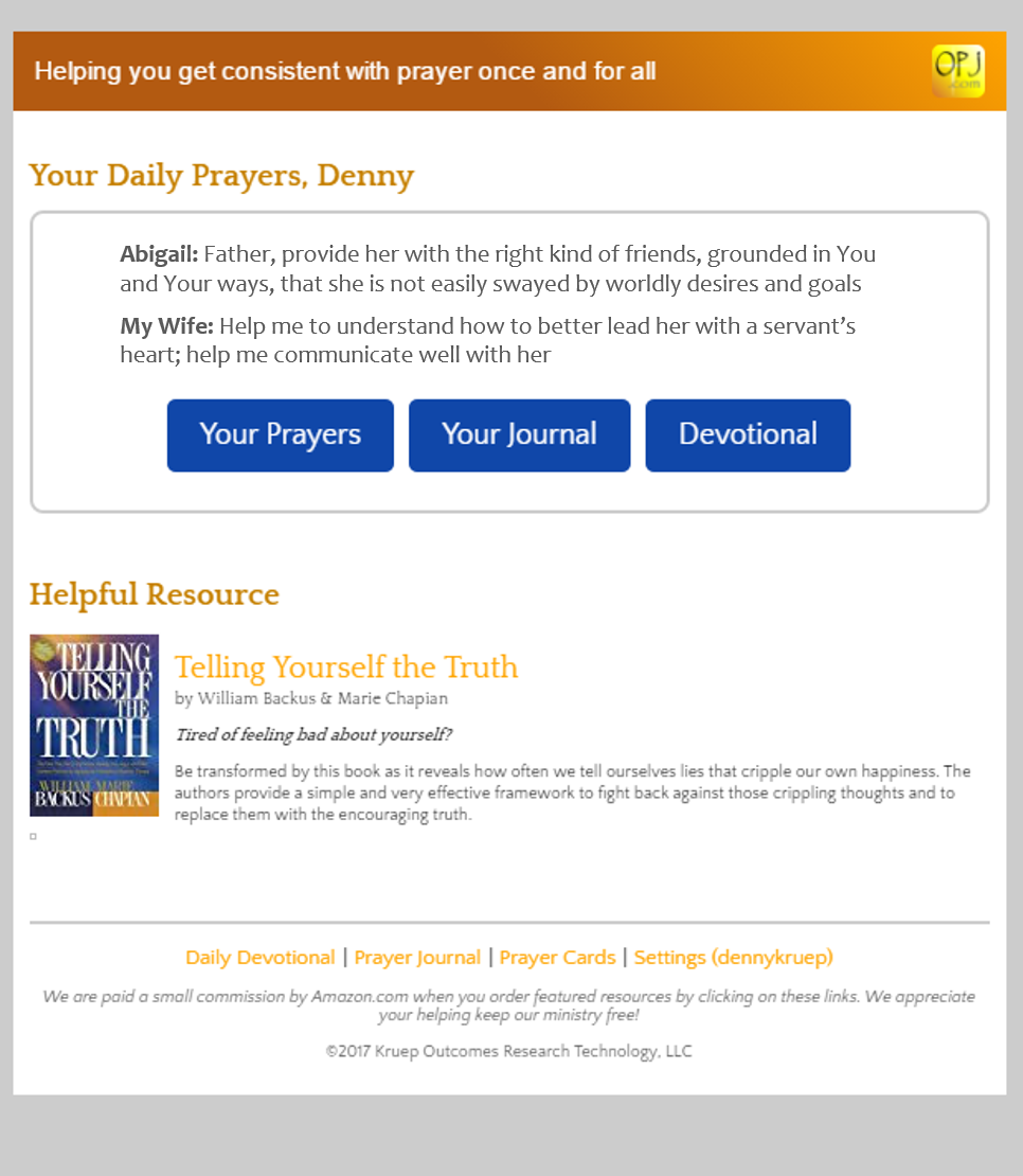 OnlinePrayerJournal.com Prayer Delivery Screenshot